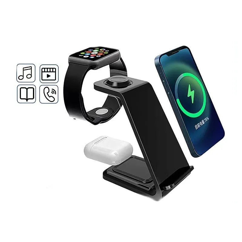 White upright wireless phone charger with dual coil design and phone in charging position