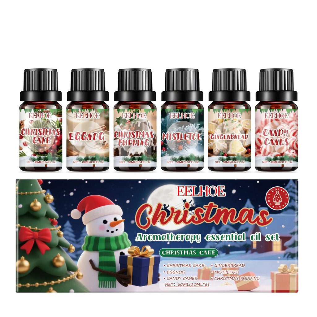 Christmas aromatherapy oil set showing six 60ml bottles for holiday home fragrance