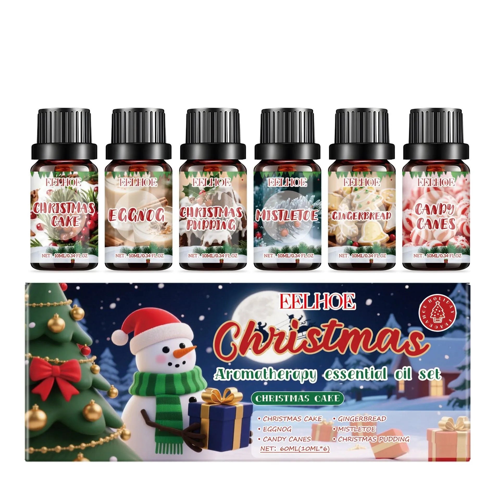Christmas aromatherapy oil set showing six 60ml bottles for holiday home fragrance