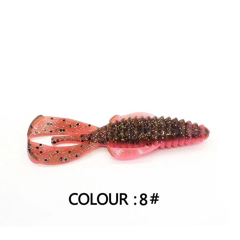 8cm PVC fishing soft bait lure in multiple colour variations against fishing tackle background