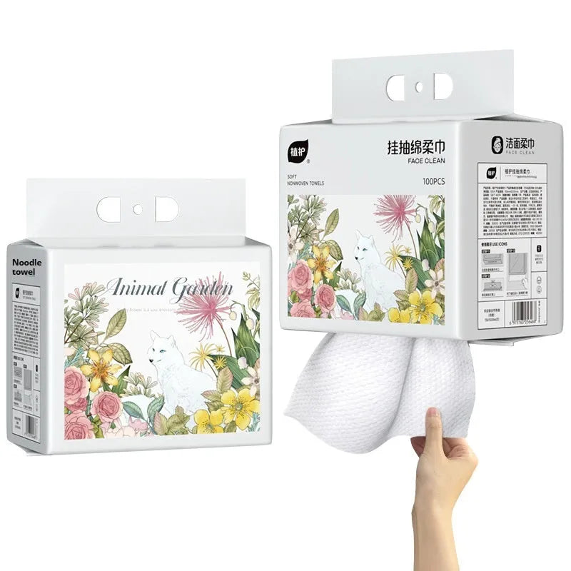 Disposable soft towel roll with 100 sheets in packaging showing viscose-polyester blend materials