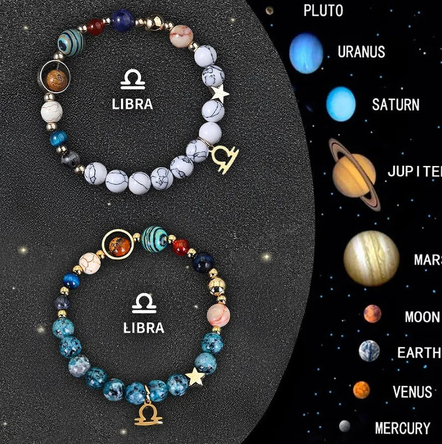 Two natural stone beaded bracelets with adjustable cords on a surface, representing a zodiac sign jewellery set.