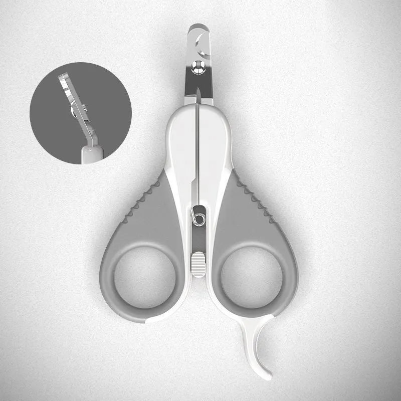 Grey cat nail clippers with angled blade and safety lock for small pet grooming