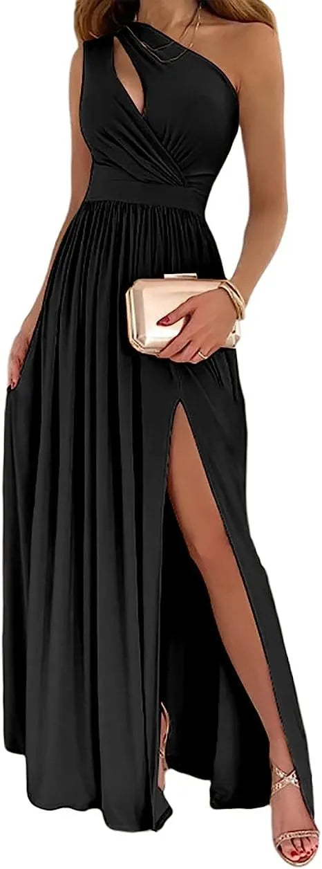 Women's apricot one-shoulder maxi dress with high leg split and sleeveless design.