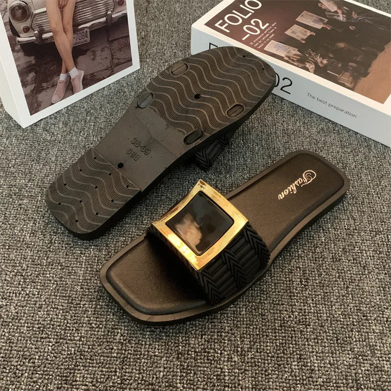 Women's apricot summer flat slippers with a non-slip PVC sole, shown on a light background.