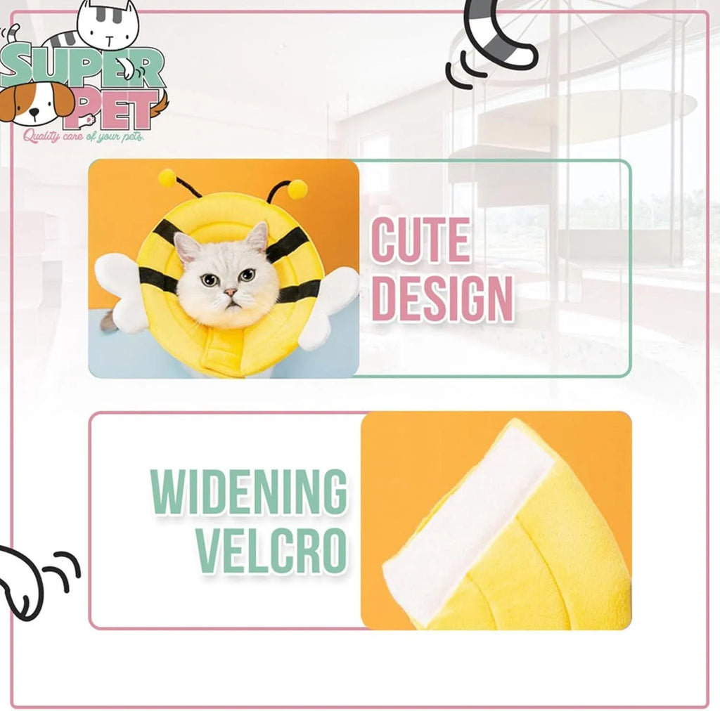 Soft white cat cone collar with black bee design and yellow wings, showing Velcro closure strap.