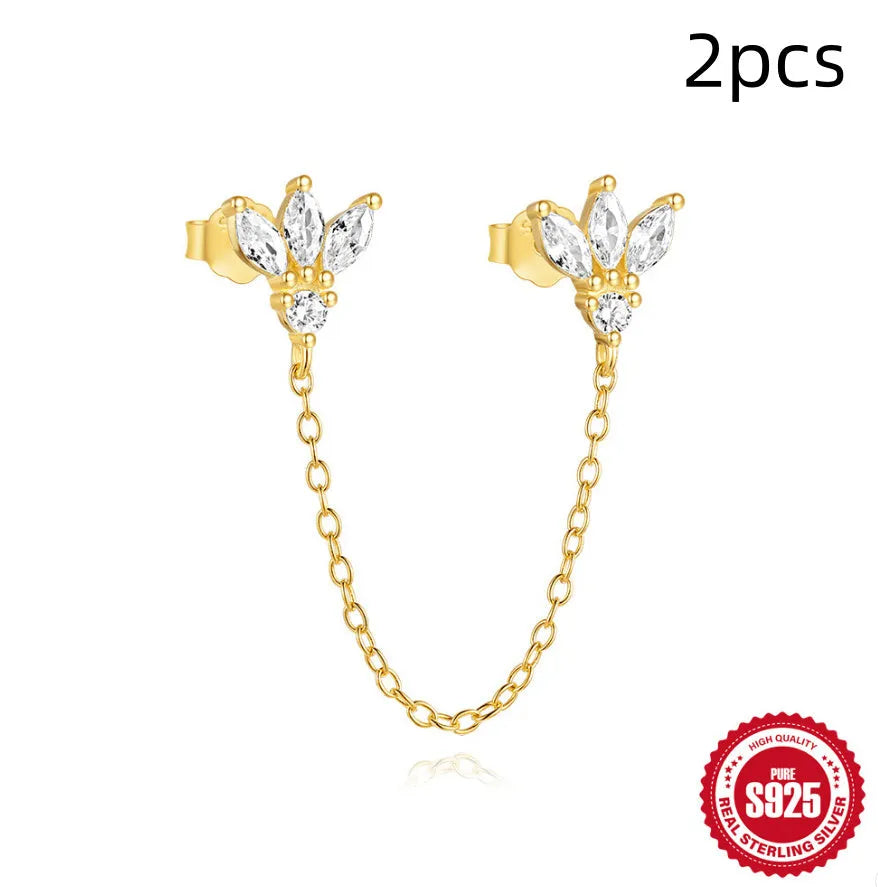 S925 sterling silver stud earrings with zircon stones and chain design for double piercing in golden colour