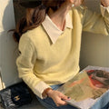 Idle Style contrast color lapels knitwear top for women, free size long sleeve polyester top in navy blue