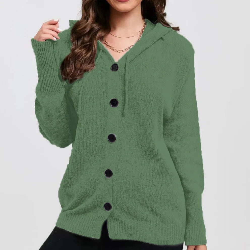 Women's solid colour thick cotton hooded cardigan sweater with 3D pattern, shown in loose fit.