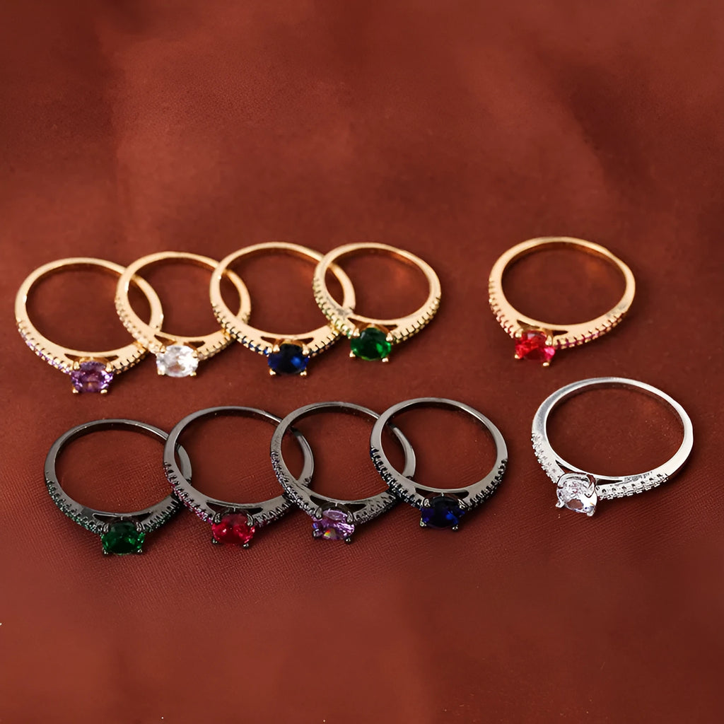 Geometric hexagon copper ring with colourful zircon stones in gold or gun black electroplated finish.