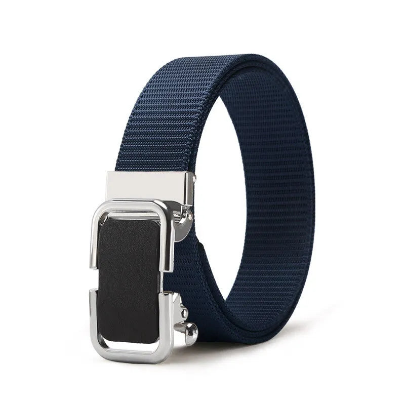 Men's nylon canvas belt with toothless alloy buckle shown in multiple colour options.