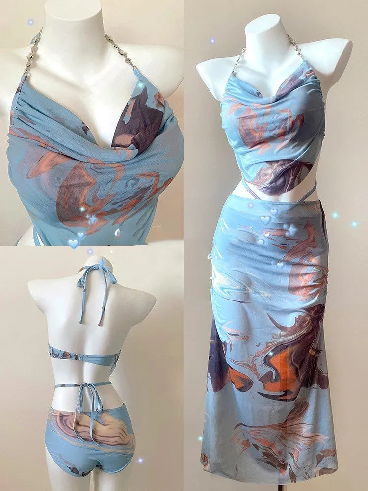 Women's three-piece bikini set with steel support blue printing triangle style nylon spandex