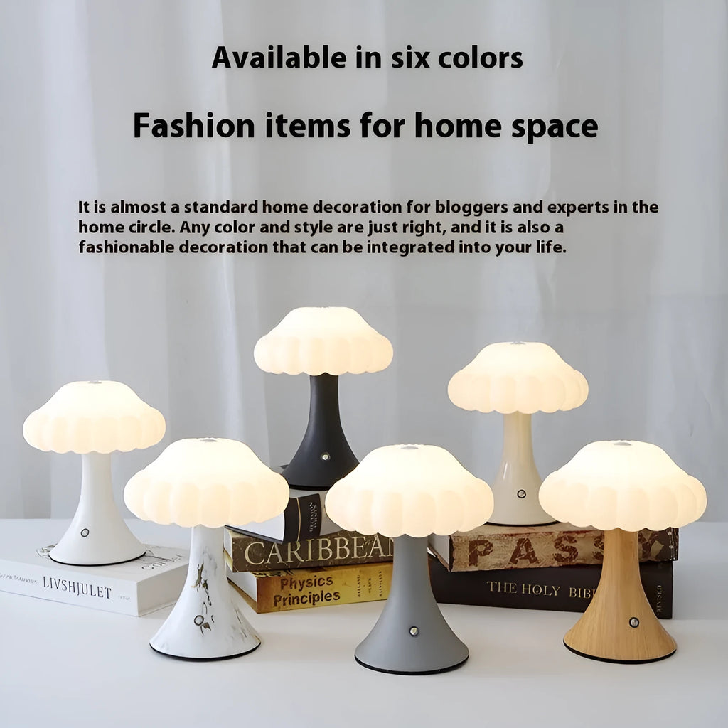 Mushroom-shaped touch lamp with USB charging in wood grain, white, cream, grey, or black for bar and cafe decoration