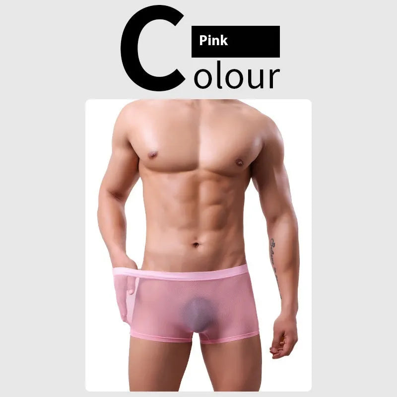Men's thin sheer mesh boxer briefs in multiple colours on a size chart.