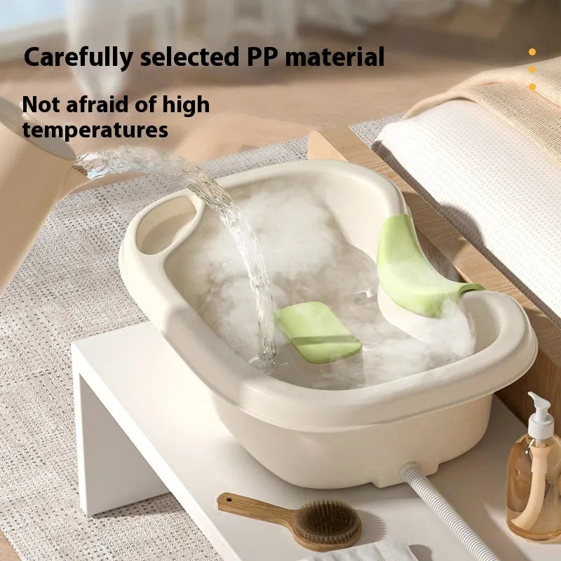 Portable plastic shampoo basin set with head pillow, water pump, hose, bailer, and brush for washing hair in bed