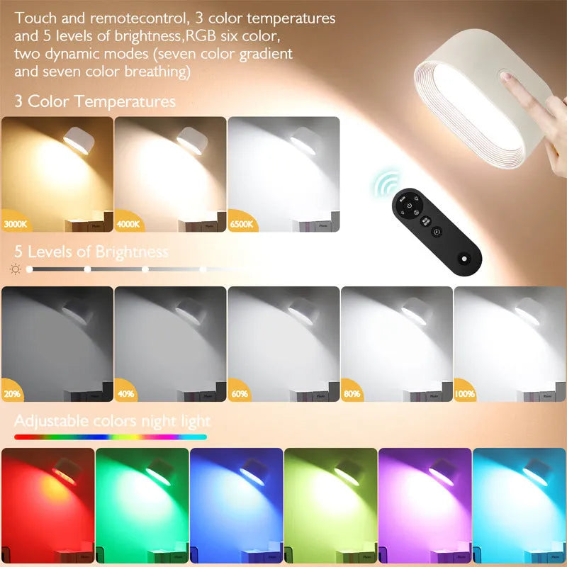 Oval white remote touch magnetic wall lamp on a wall with colour changing lights.