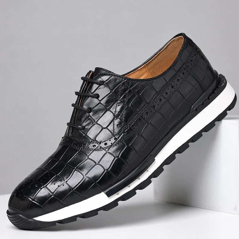 Men's brown lace-up casual calf leather loafers with rubber sole and low heel on display
