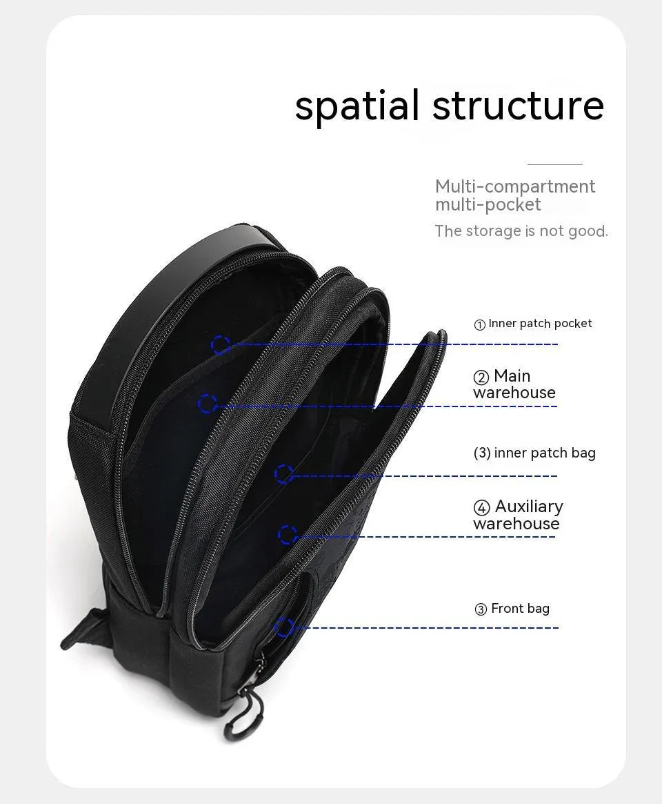 Casual black waterproof TPU chest pack with shoulder strap and soft handle in a street style.