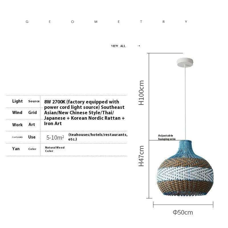Woven vine Southeast Asian style pendant lamp with natural materials and warm white illumination