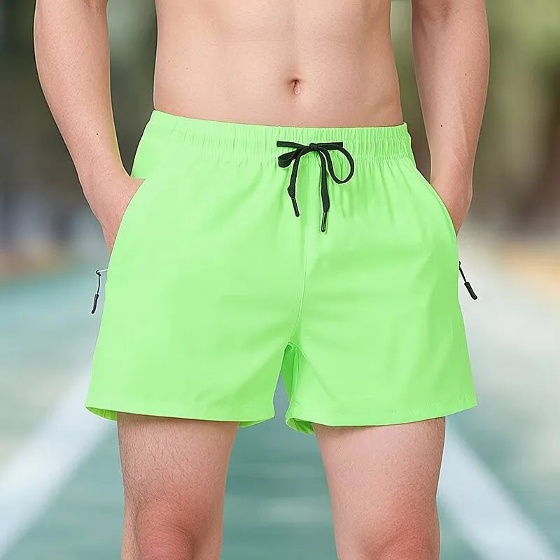 Men's black high-waist polyester running shorts with drawstring waist for fitness training