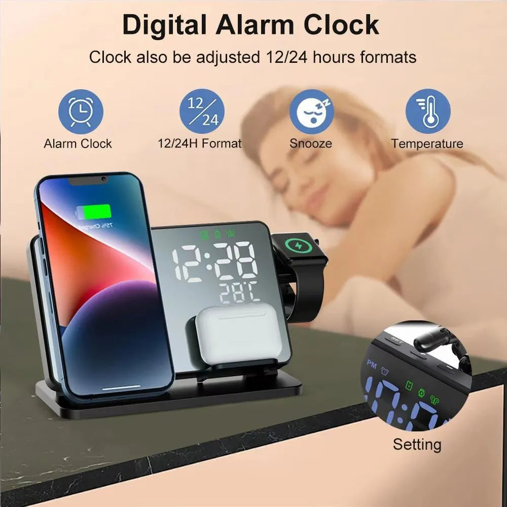 Black four-in-one wireless charger stand with phone, headset, and smart watch charging zones, 15W fast charge model