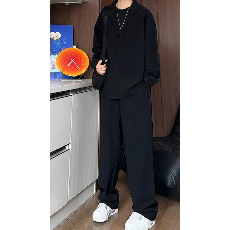 Men's black long sleeve polo shirt and trousers two-piece casual suit on hanger