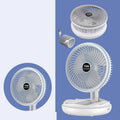 Blue or grey foldable USB fan with LED light showing desk and wall mounting options