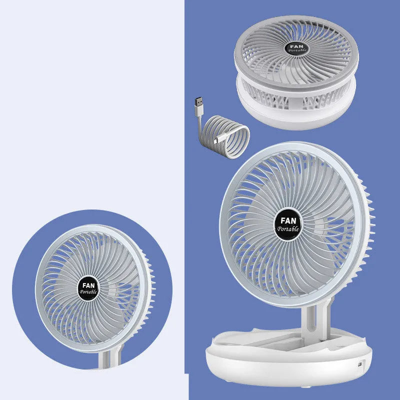 Blue or grey foldable USB fan with LED light showing desk and wall mounting options