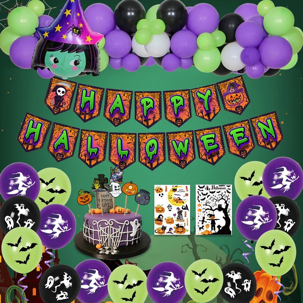 Halloween balloon decoration set with skull and pumpkin designs for spider arch display