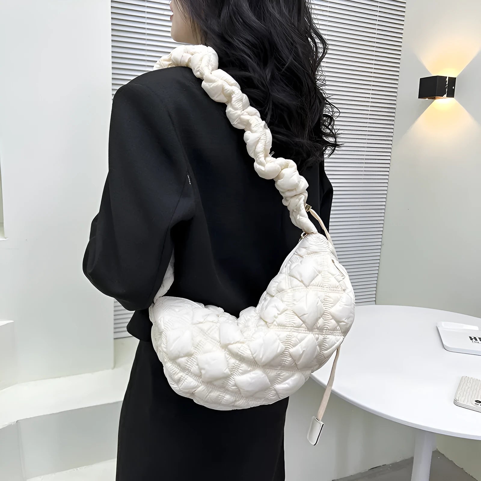 Women's casual nylon underarm messenger bag in beige colour showing dimensions and adjustable shoulder strap