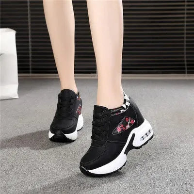 Women's wedge platform height increasing shoes with PU upper, round toe, 6-8cm heel, available in white, black and pink