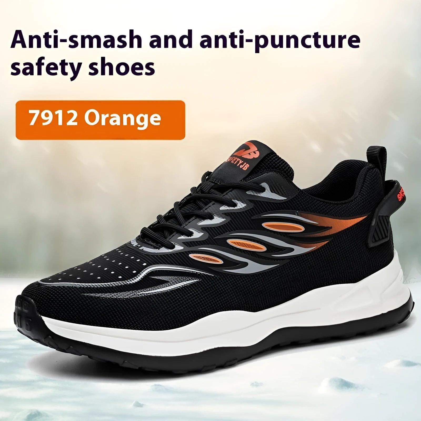 Anti-smashing labour protection shoes in orange, grey, green and yellow with leather uppers and rubber soles