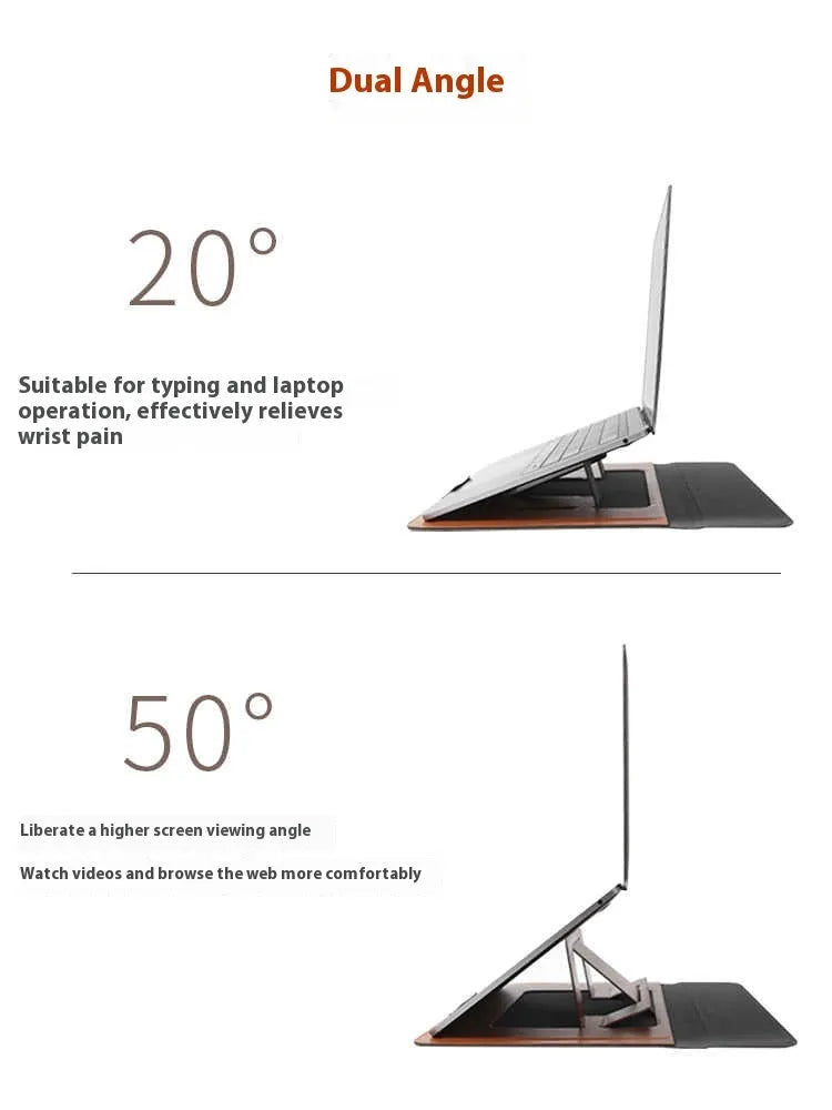 Black 13.3 inch laptop bracket bag with integrated adjustable stand in open and closed positions.