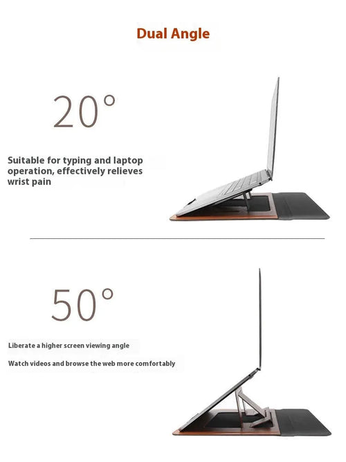 Black 13.3 inch laptop bracket bag with integrated adjustable stand in open and closed positions.