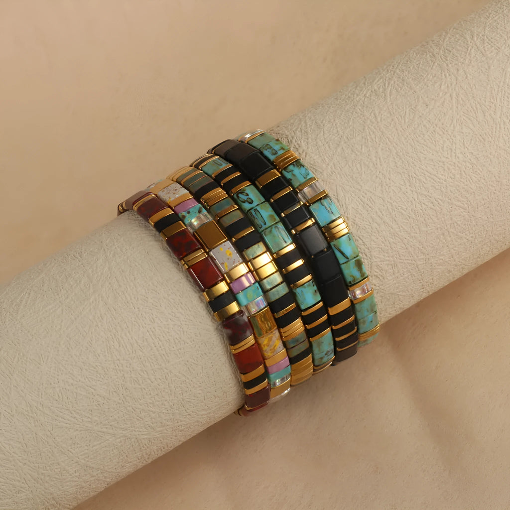 Geometric glass bead bracelet in European fashion style showing colour options