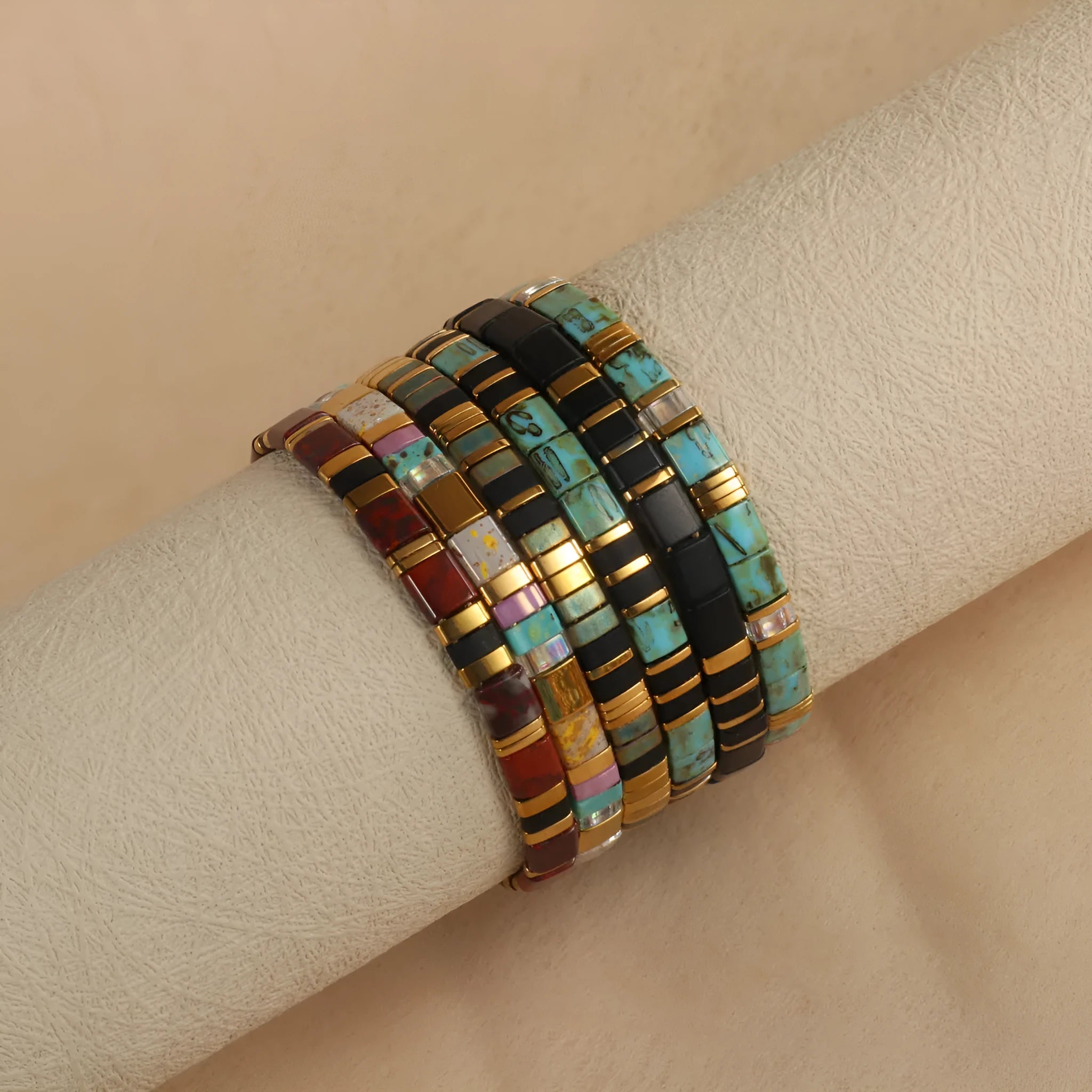 Geometric glass bead bracelet in European fashion style showing colour options