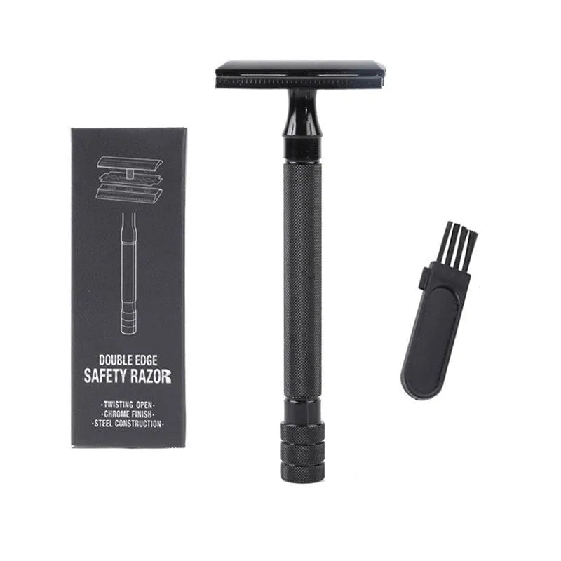 Traditional manual shaving set with safety razor, natural bristle brush and metal scraper tool