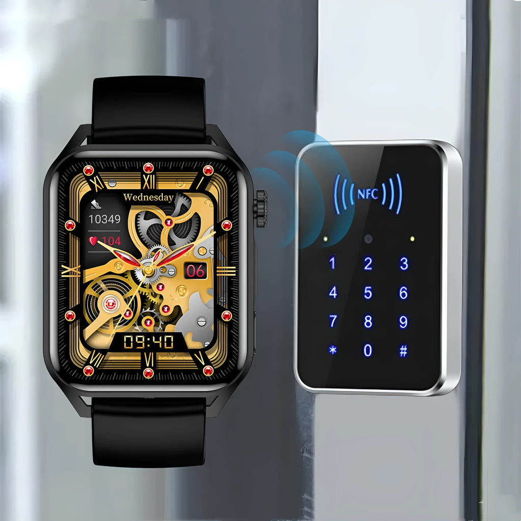 Smart watch with 1.8-inch AMOLED display on silicone wrist strap showing multi-dial screen