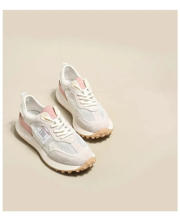 Women's grey and pink retro sneakers with mesh lining and rubber sole in low-top design