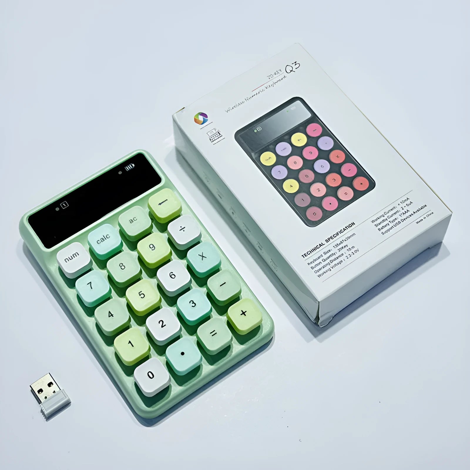 Mini portable wireless digital keyboard in macaron colour options on white background