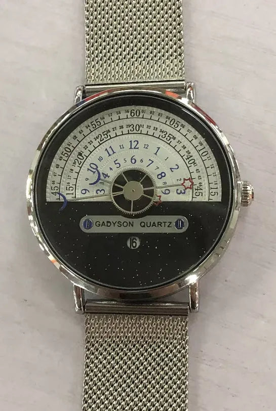 M-1288 men's quartz watch with gold 40mm dial and stainless steel strap on white background