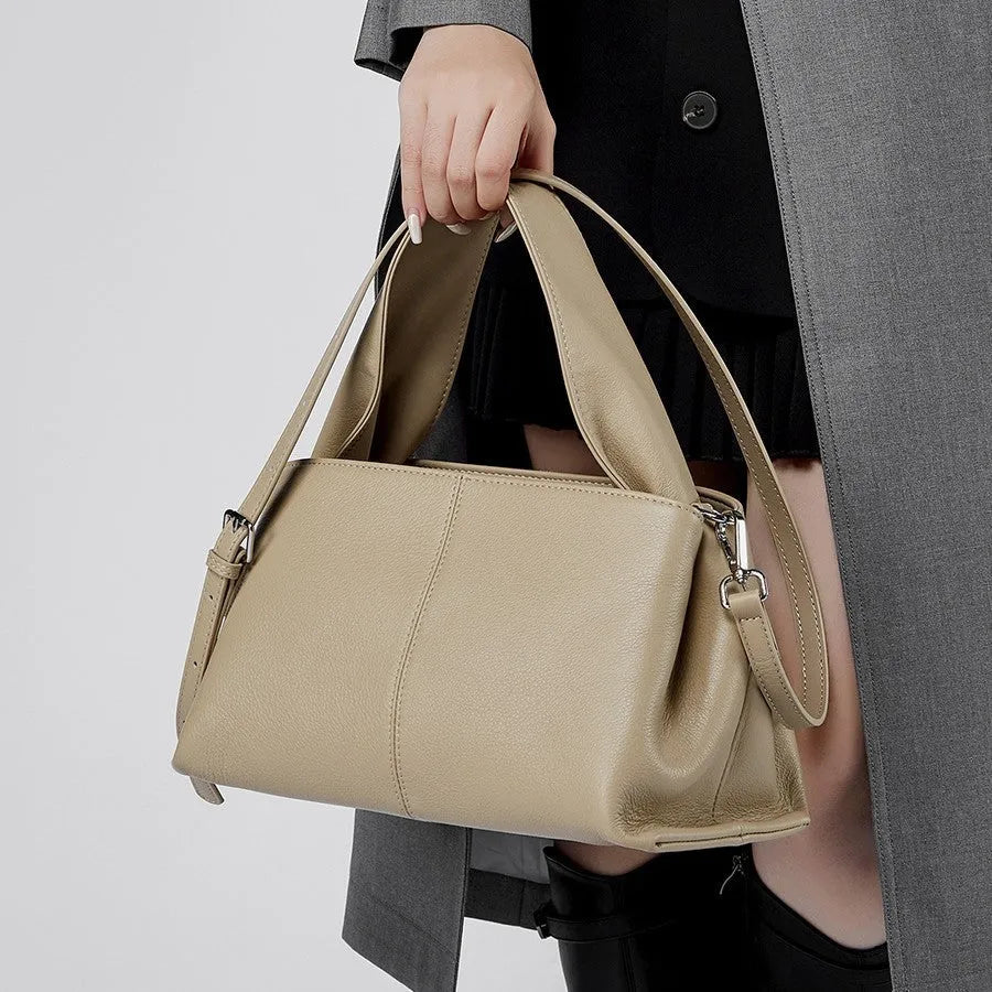 Women's genuine leather messenger bag in horizontal square shape with double shoulder straps
