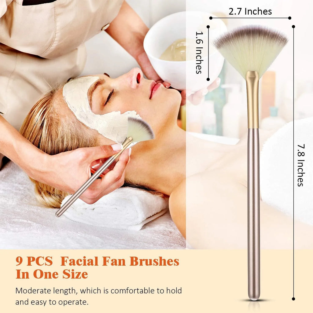 Ten champagne-coloured acrylic handle fan brushes with soft fibre bristles and individual clear protective covers.
