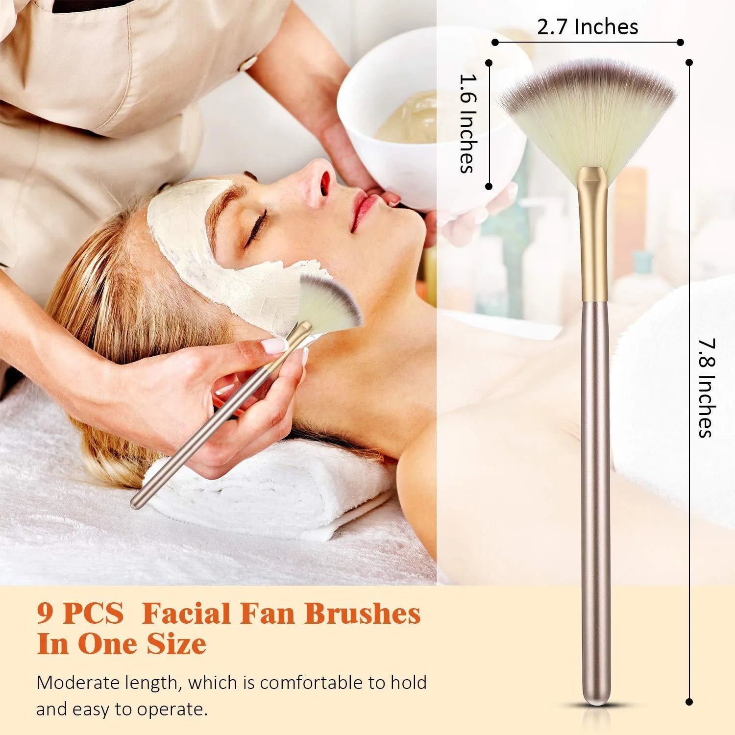 Ten champagne-coloured acrylic handle fan brushes with soft fibre bristles and individual clear protective covers.