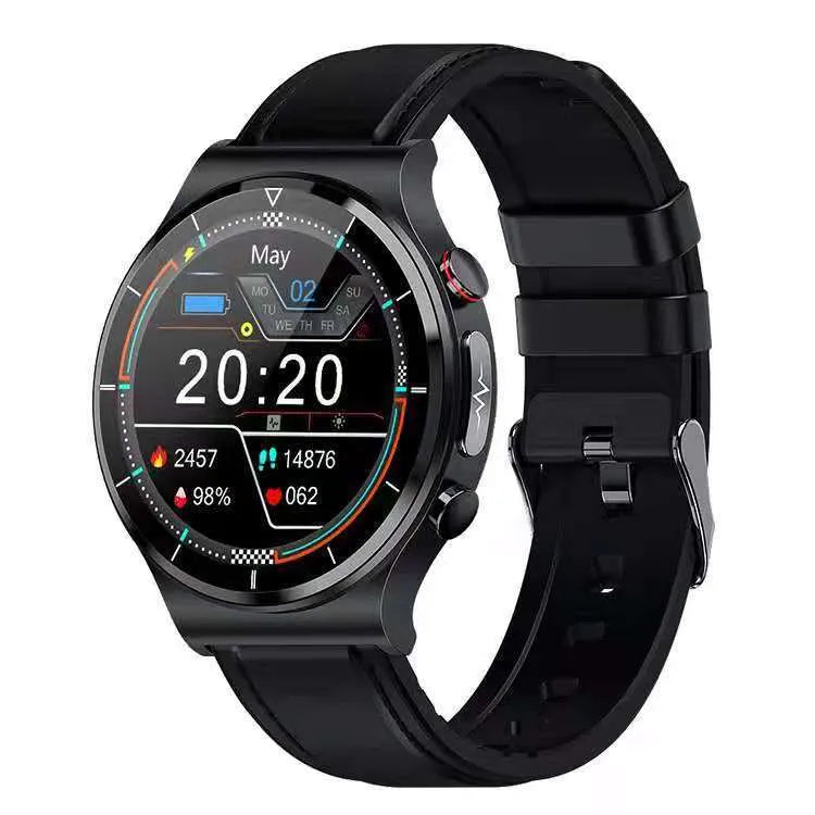 Smart watch with wireless charging and ECG monitoring, 1.32-inch screen, metal alloy case, black leather strap