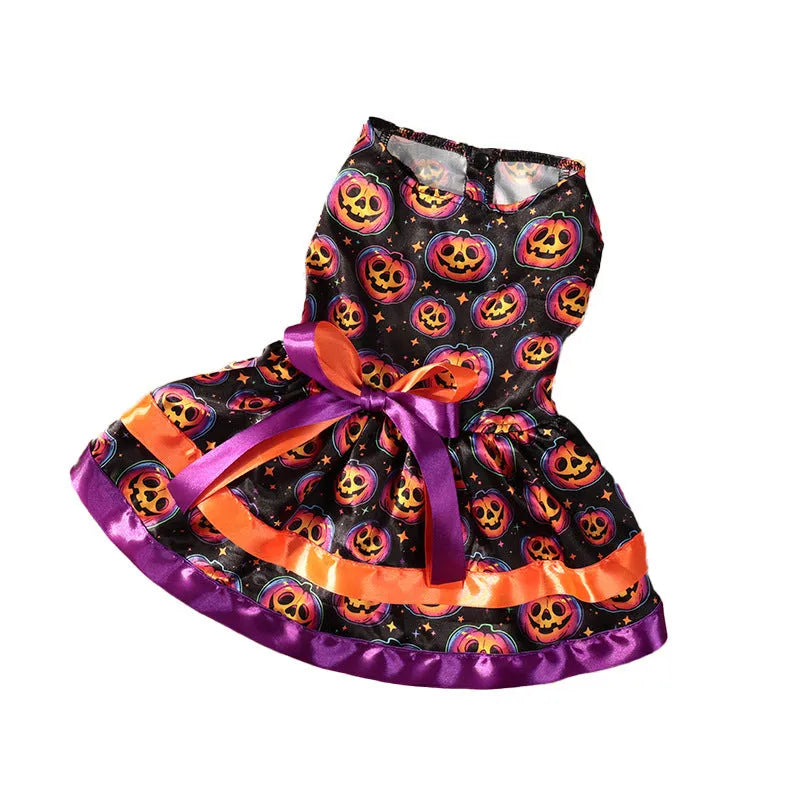 Halloween dog skirt with colourful pumpkin and skull prints in double-layer polyester