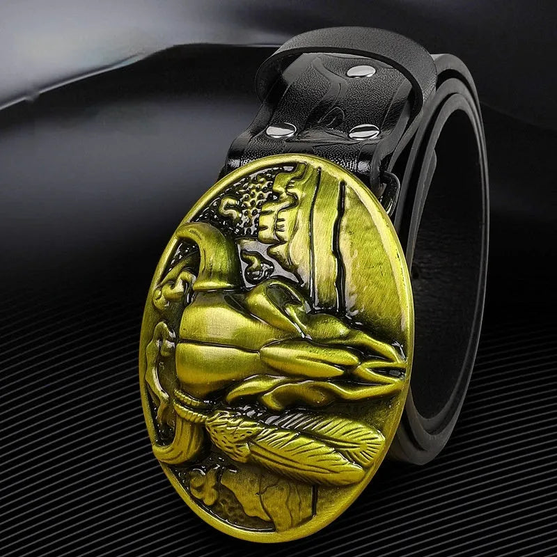 Men's imitation leather belt with cow head buckle design in black or brown colours