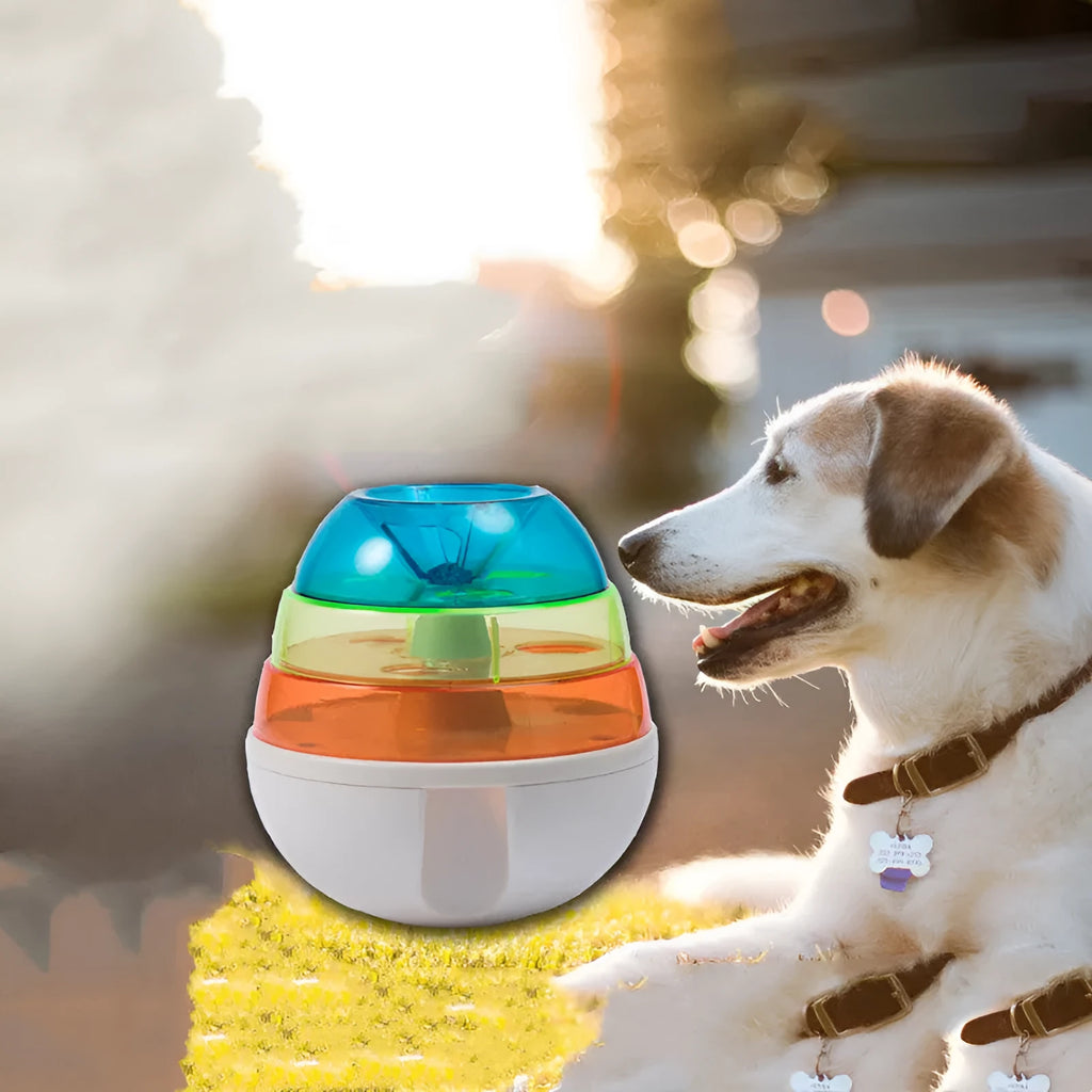 Dog leak food toy ball in photo colour, non-slip base, 12.5cm bottom diameter, on a plain background