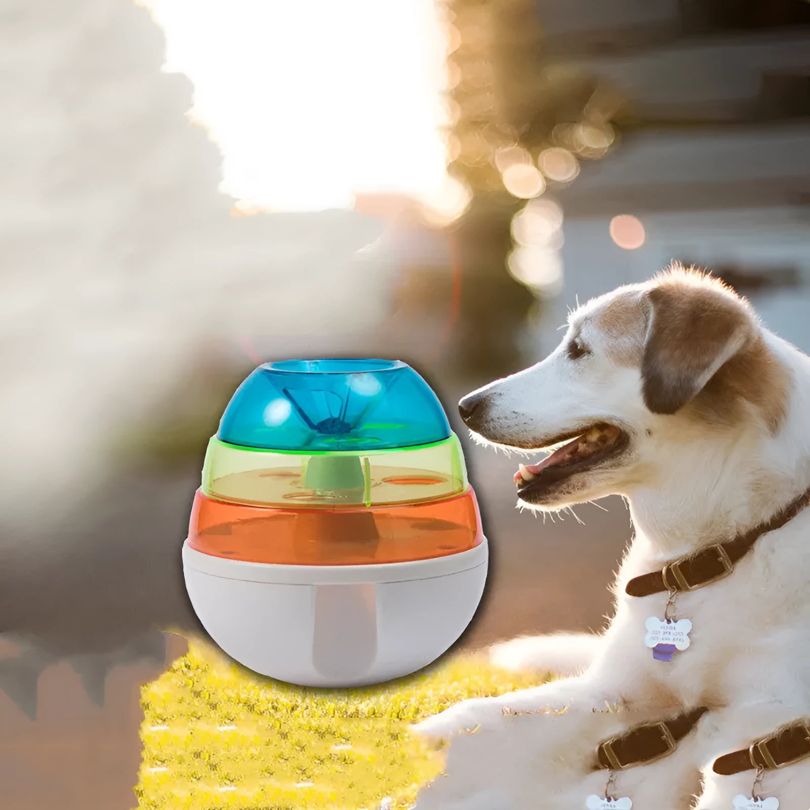 Dog leak food toy ball in photo colour, non-slip base, 12.5cm bottom diameter, on a plain background