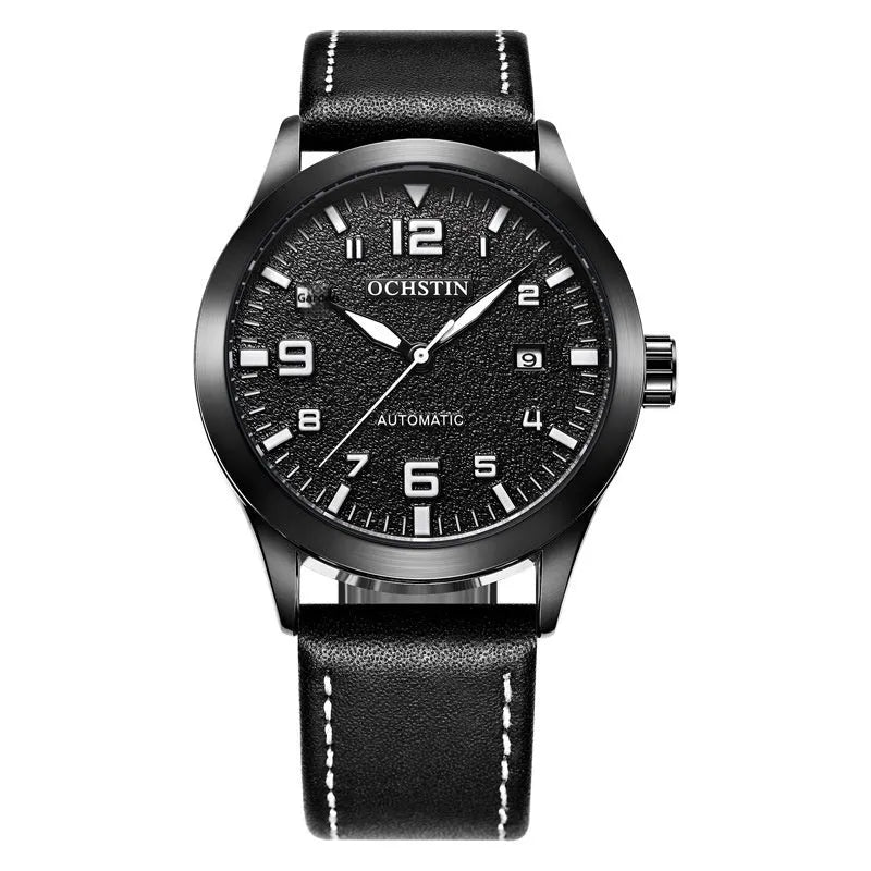 Men's black and silver automatic mechanical watch with leather strap showing 12mm thickness